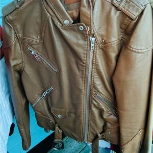 Brown Pleather Jacket with Zipper Details